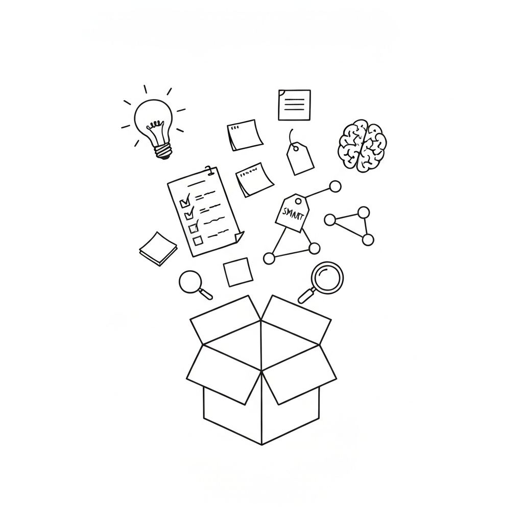 Open box with floating notes, checklists, and documents representing organized note-taking